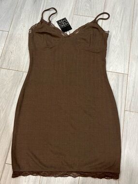 Sleek Brown Lace-Trim Mini Slip Dress